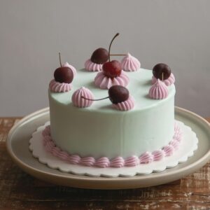 A beautifully decorated layer cake with cherries and pastel frosting, perfect for dessert.