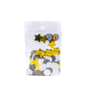 Petit sachet de confettis ronds dorés et noirs pour décoration de célébrations.